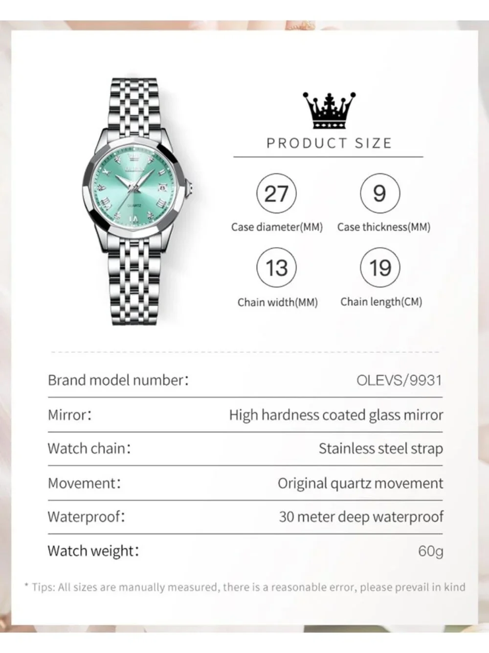 Women's Silver Band/Green Dial Stainless Steel Luxury Quartz Analog Wrist Watch